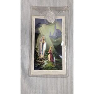 Our Lady of Lourdes Prayer Card with Silver Tone Medal Italy